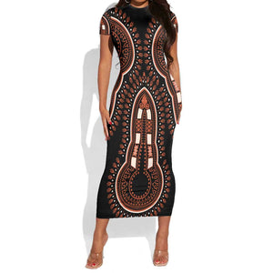 African Dashiki Short Sleeve Bodycon Dress Afro Vintage Pattern