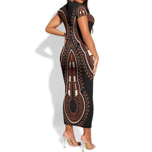 African Dashiki Short Sleeve Bodycon Dress Afro Vintage Pattern