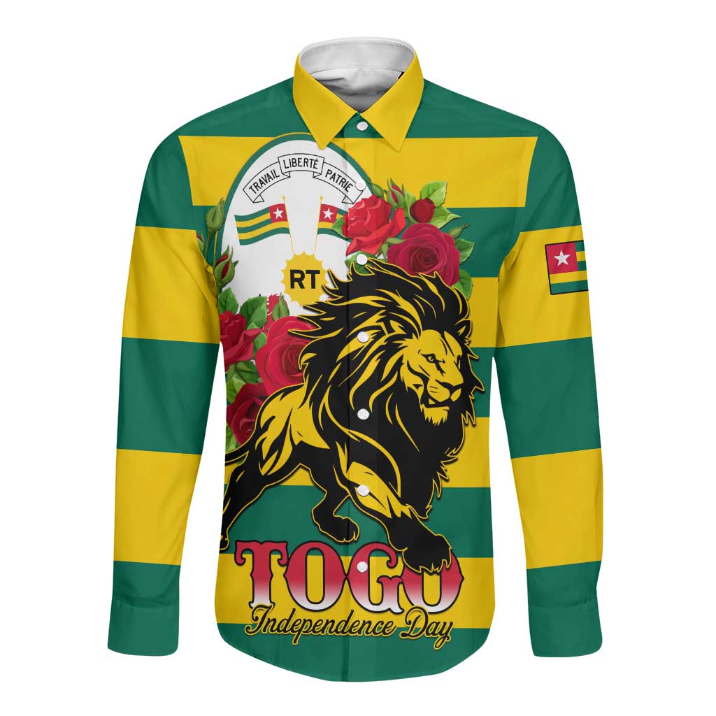 Togo Independence Day Long Sleeve Button Shirt Lion With Rosa Flag Style