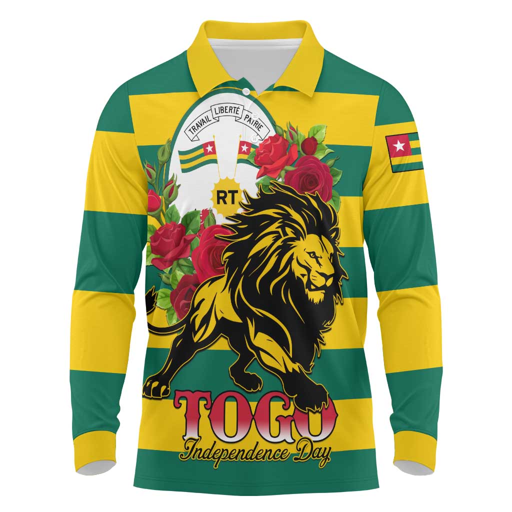 Togo Independence Day Long Sleeve Polo Shirt Lion With Rosa Flag Style