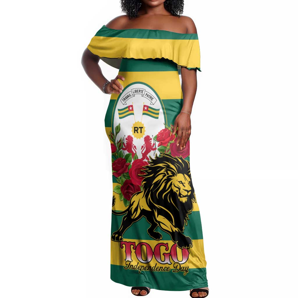 Togo Independence Day Off Shoulder Maxi Dress Lion With Rosa Flag Style