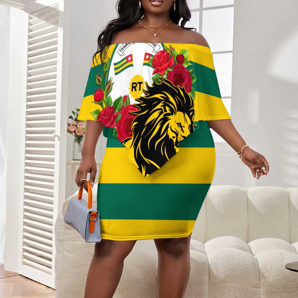 Togo Independence Day Off Shoulder Short Dress Lion With Rosa Flag Style LT01