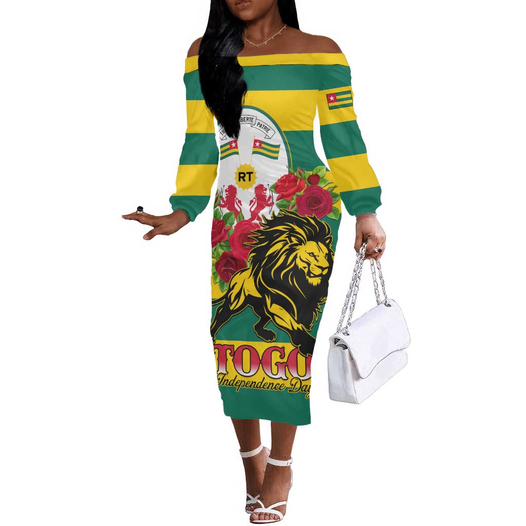 Togo Independence Day Off The Shoulder Long Sleeve Dress Lion With Rosa Flag Style