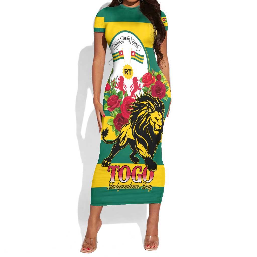 Togo Independence Day Short Sleeve Bodycon Dress Lion With Rosa Flag Style