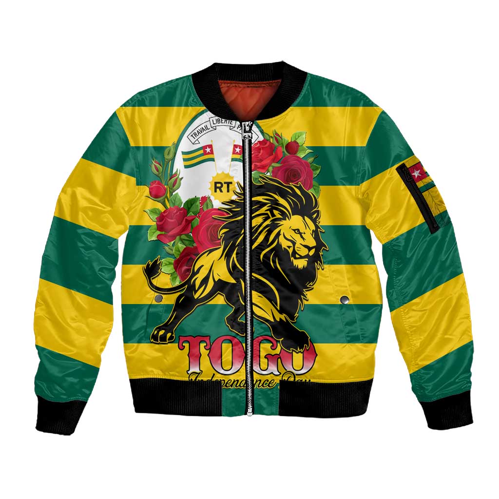 Togo Independence Day Sleeve Zip Bomber Jacket Lion With Rosa Flag Style