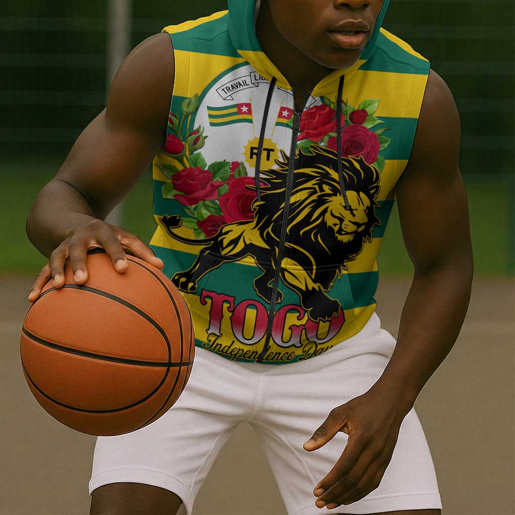 Togo Independence Day Sleeveless Zip Hoodie Lion With Rosa Flag Style - African Pride