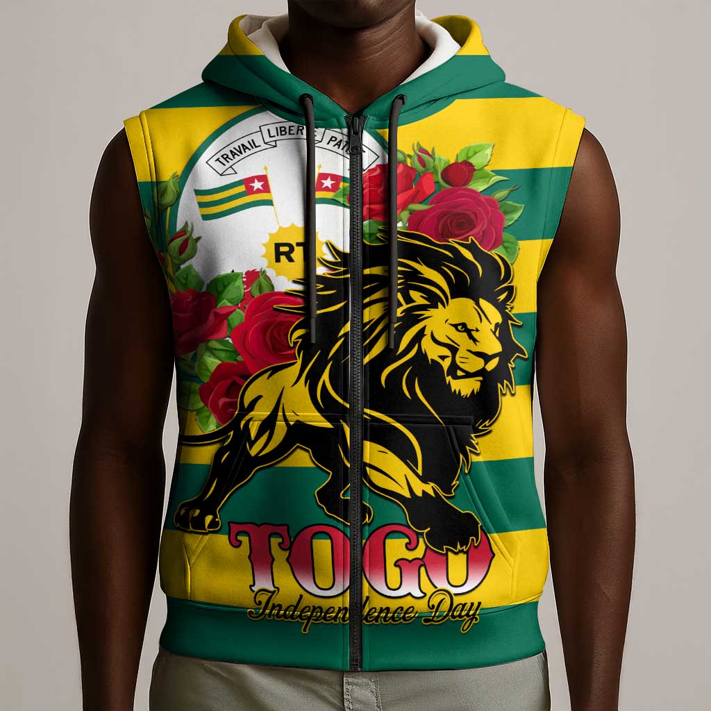 Togo Independence Day Sleeveless Zip Hoodie Lion With Rosa Flag Style - African Pride