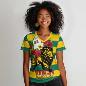 Togo Independence Day Women V-Neck T-Shirt Lion With Rosa Flag Style