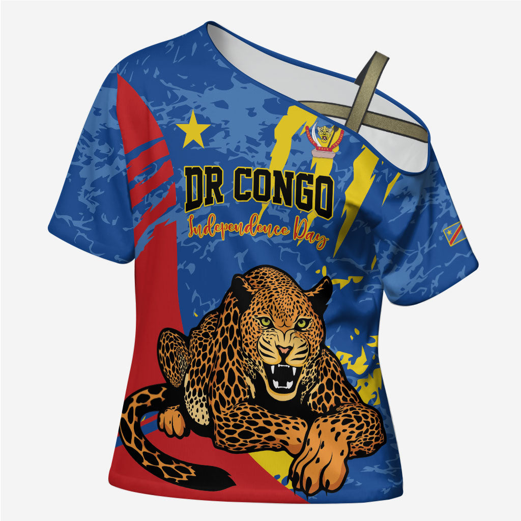 Personalized DR Congo Independence Day Cross Shoulder Shirt Congo-Kinshasa Leopard