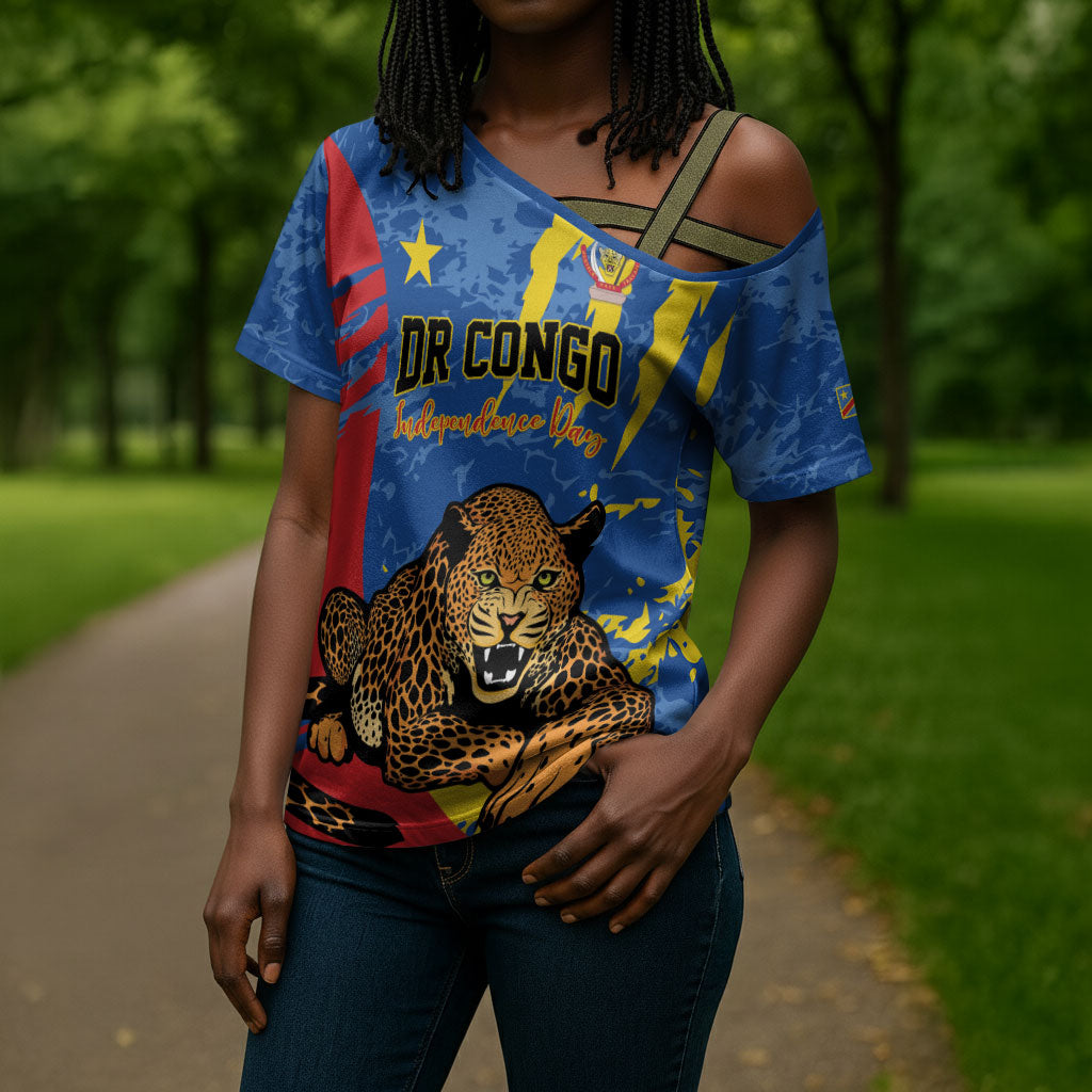 Personalized DR Congo Independence Day Cross Shoulder Shirt Congo-Kinshasa Leopard