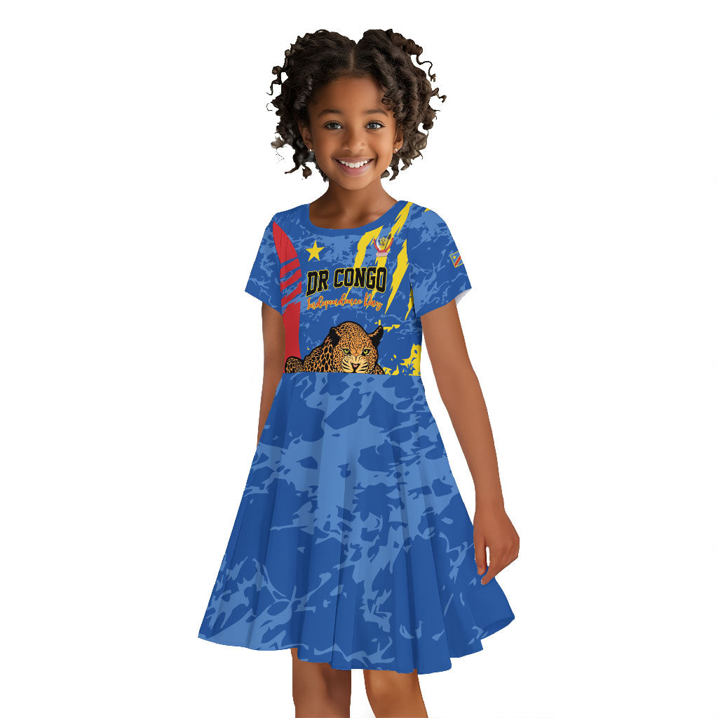 Personalized DR Congo Independence Day Kid Short Sleeve Dress Congo-Kinshasa Leopard