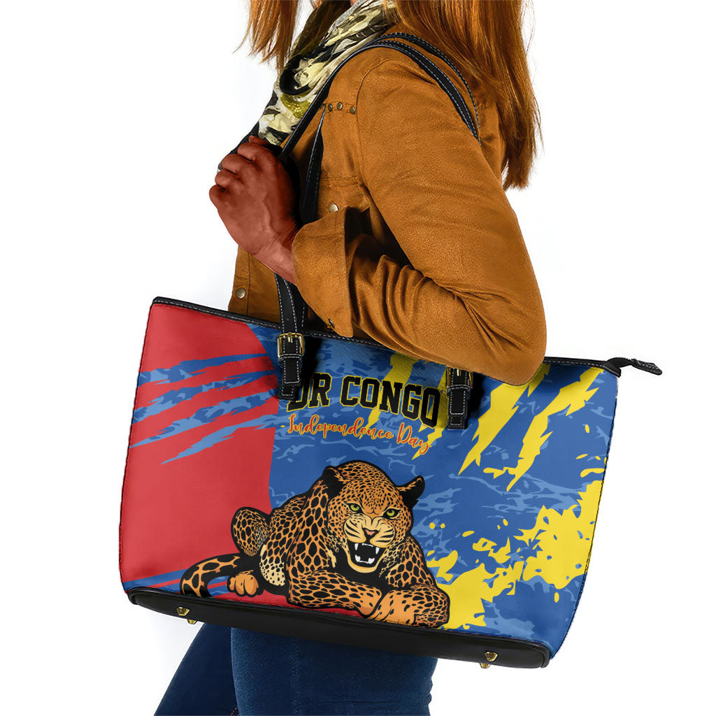 DR Congo Independence Day Leather Tote Bag Congo-Kinshasa Leopard