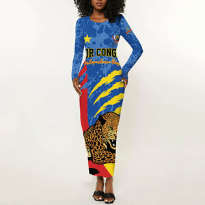 Personalized DR Congo Independence Day Long Sleeve Bodycon Dress Congo-Kinshasa Leopard