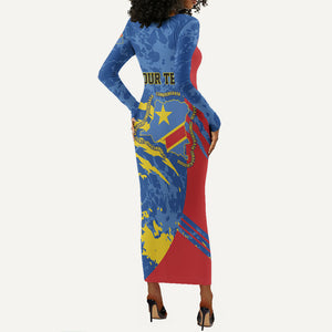 Personalized DR Congo Independence Day Long Sleeve Bodycon Dress Congo-Kinshasa Leopard