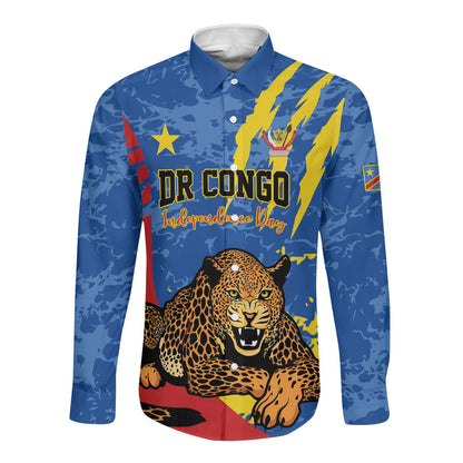 Personalized DR Congo Independence Day Long Sleeve Button Shirt Congo-Kinshasa Leopard