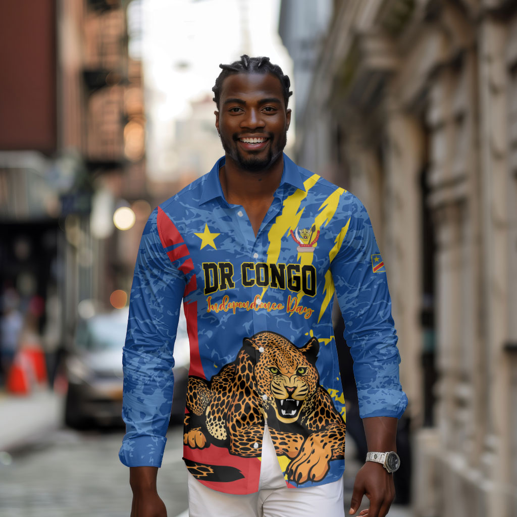 Personalized DR Congo Independence Day Long Sleeve Button Shirt Congo-Kinshasa Leopard