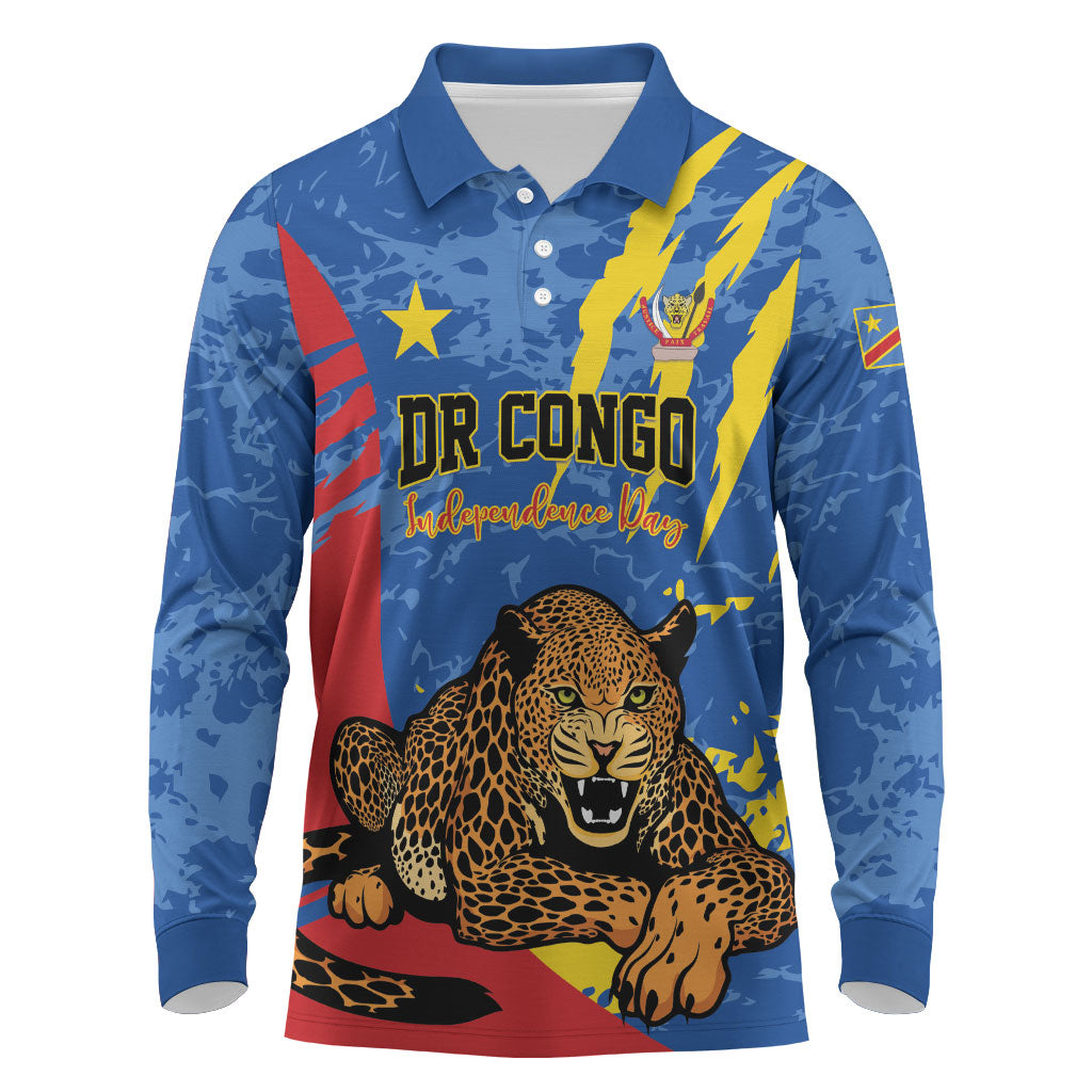 Personalized DR Congo Independence Day Long Sleeve Polo Shirt Congo-Kinshasa Leopard