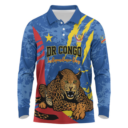 Personalized DR Congo Independence Day Long Sleeve Polo Shirt Congo-Kinshasa Leopard
