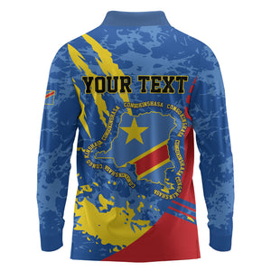 Personalized DR Congo Independence Day Long Sleeve Polo Shirt Congo-Kinshasa Leopard