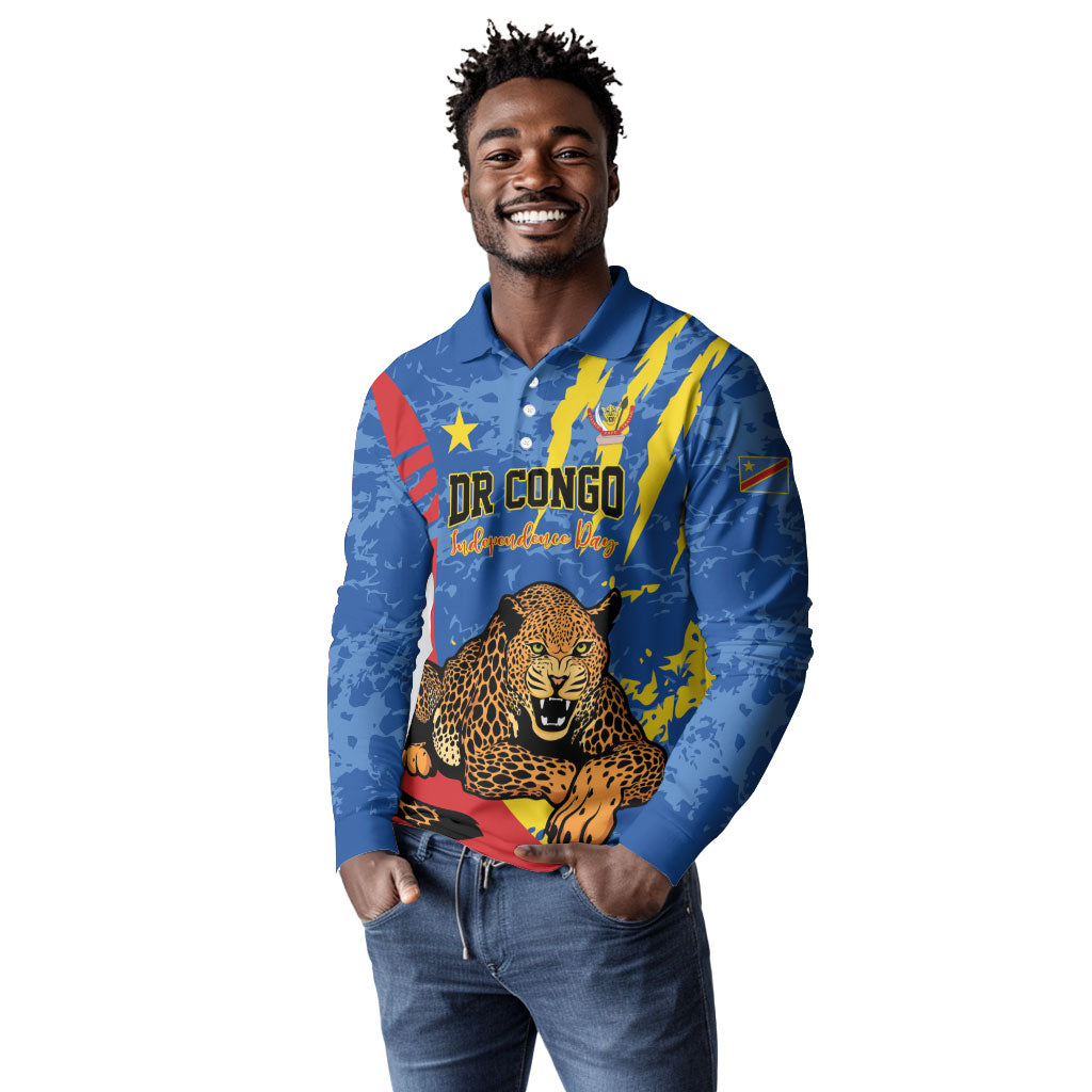 Personalized DR Congo Independence Day Long Sleeve Polo Shirt Congo-Kinshasa Leopard