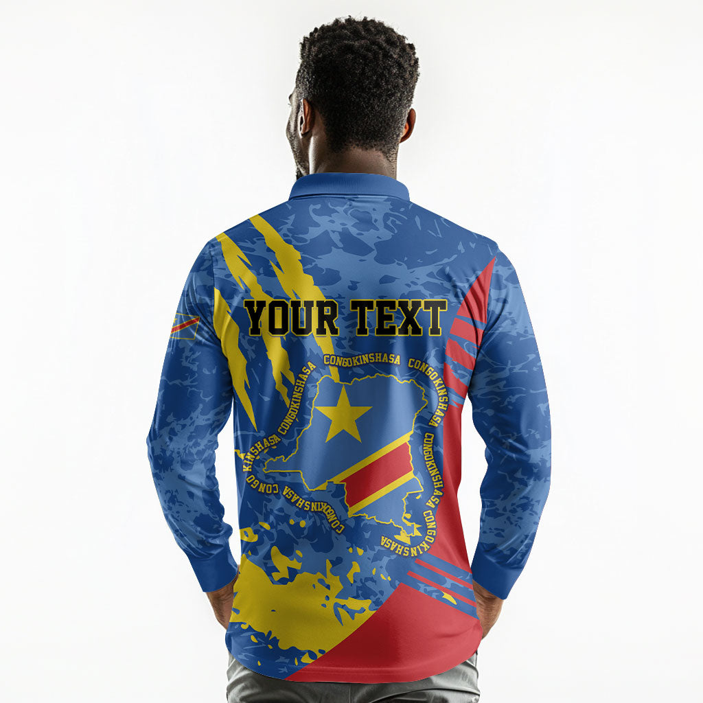 Personalized DR Congo Independence Day Long Sleeve Polo Shirt Congo-Kinshasa Leopard