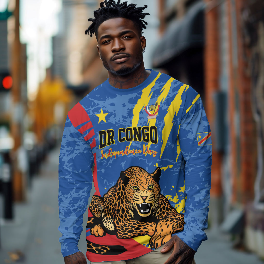 Personalized DR Congo Independence Day Long Sleeve Shirt Congo-Kinshasa Leopard