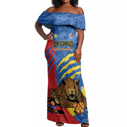 Personalized DR Congo Independence Day Off Shoulder Maxi Dress Congo-Kinshasa Leopard