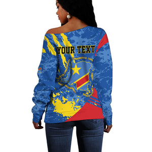 Personalized DR Congo Independence Day Off Shoulder Sweater Congo-Kinshasa Leopard