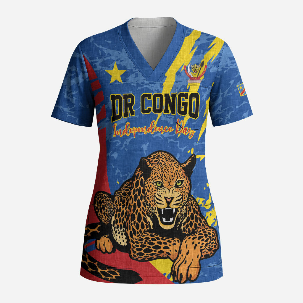 Personalized DR Congo Independence Day Scrub Top Congo-Kinshasa Leopard