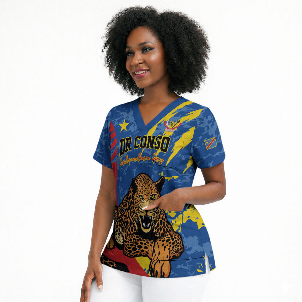 Personalized DR Congo Independence Day Scrub Top Congo-Kinshasa Leopard