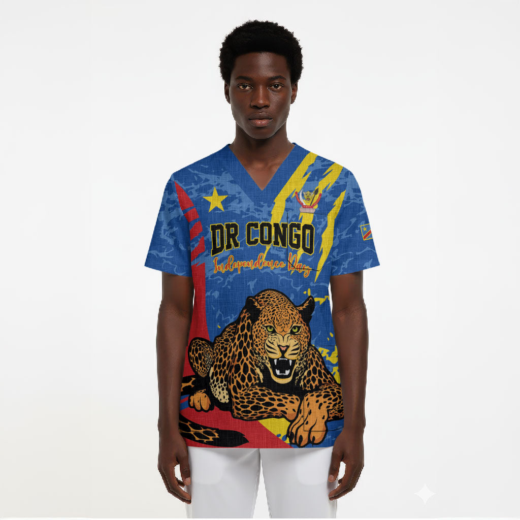 Personalized DR Congo Independence Day Scrub Top Congo-Kinshasa Leopard