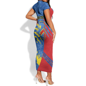 Personalized DR Congo Independence Day Short Sleeve Bodycon Dress Congo-Kinshasa Leopard