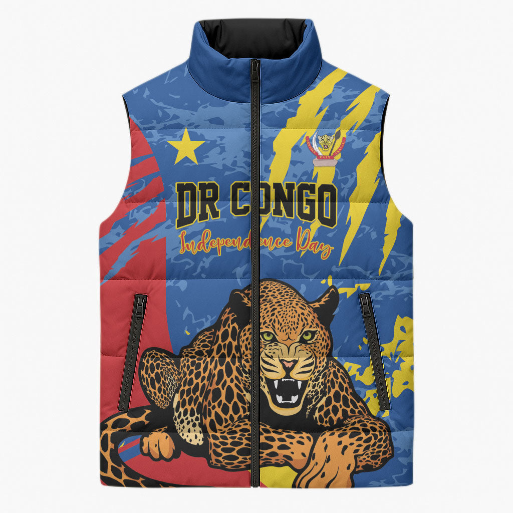 Personalized DR Congo Independence Day Sleeveless Puffer Jacket Congo-Kinshasa Leopard