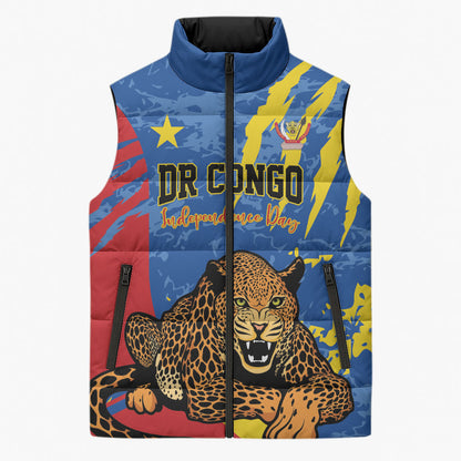 Personalized DR Congo Independence Day Sleeveless Puffer Jacket Congo-Kinshasa Leopard