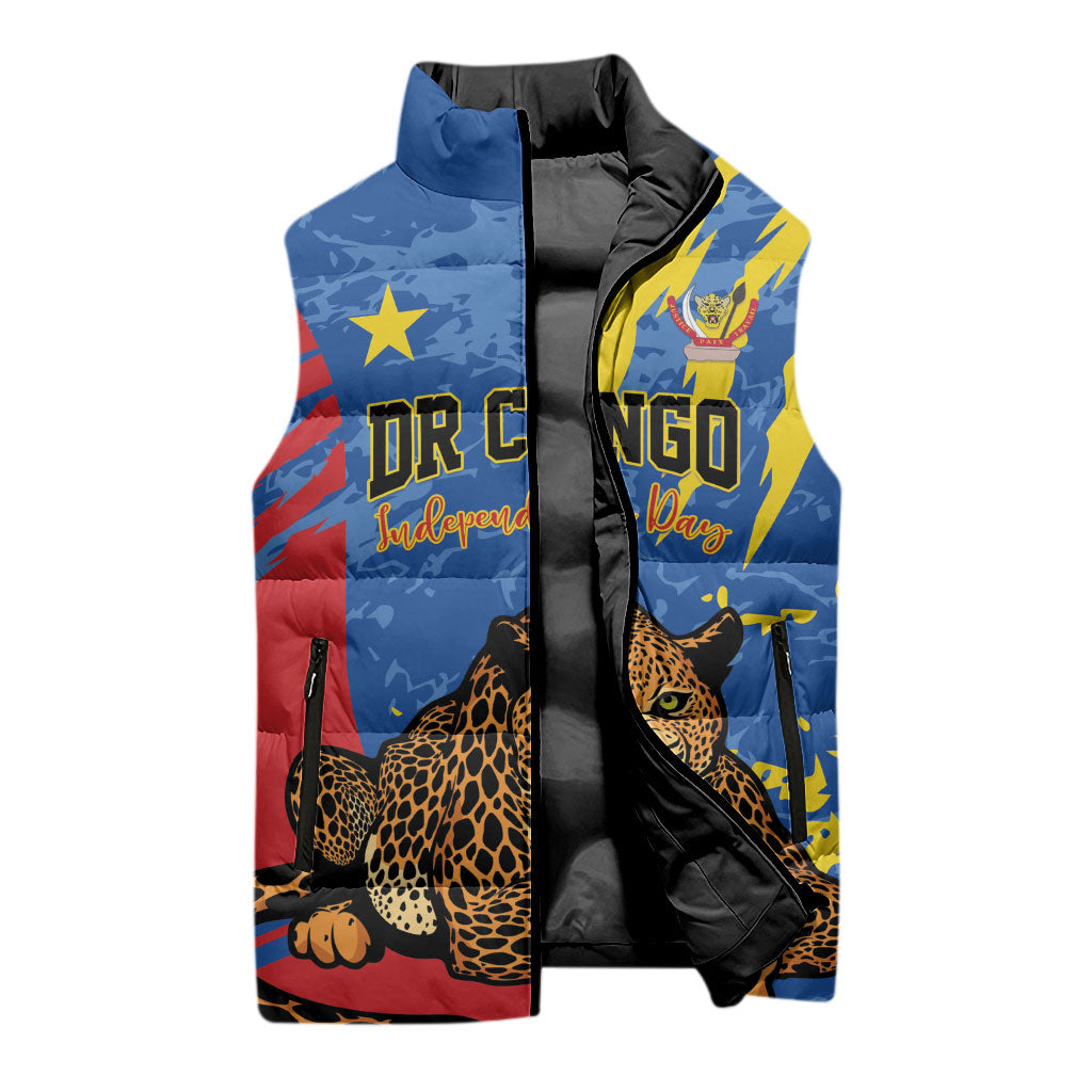 Personalized DR Congo Independence Day Sleeveless Puffer Jacket Congo-Kinshasa Leopard