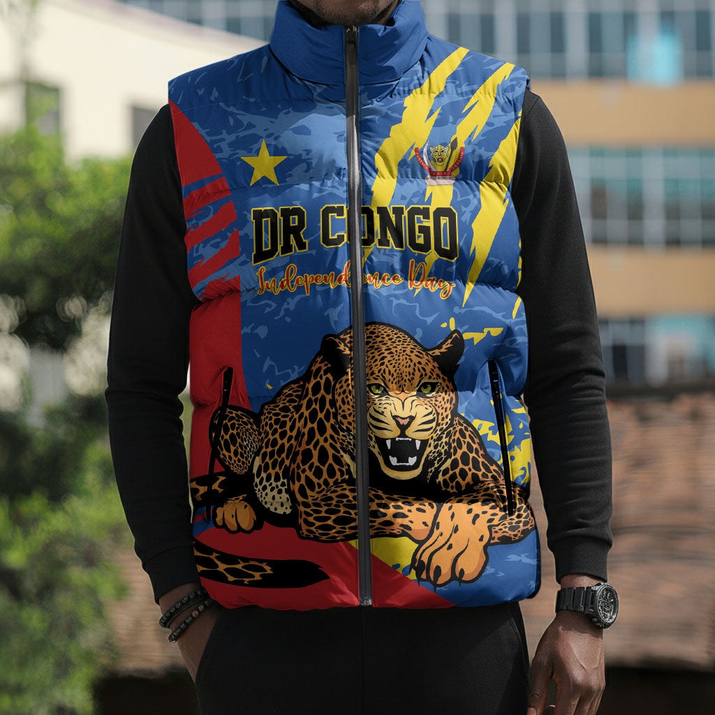 Personalized DR Congo Independence Day Sleeveless Puffer Jacket Congo-Kinshasa Leopard
