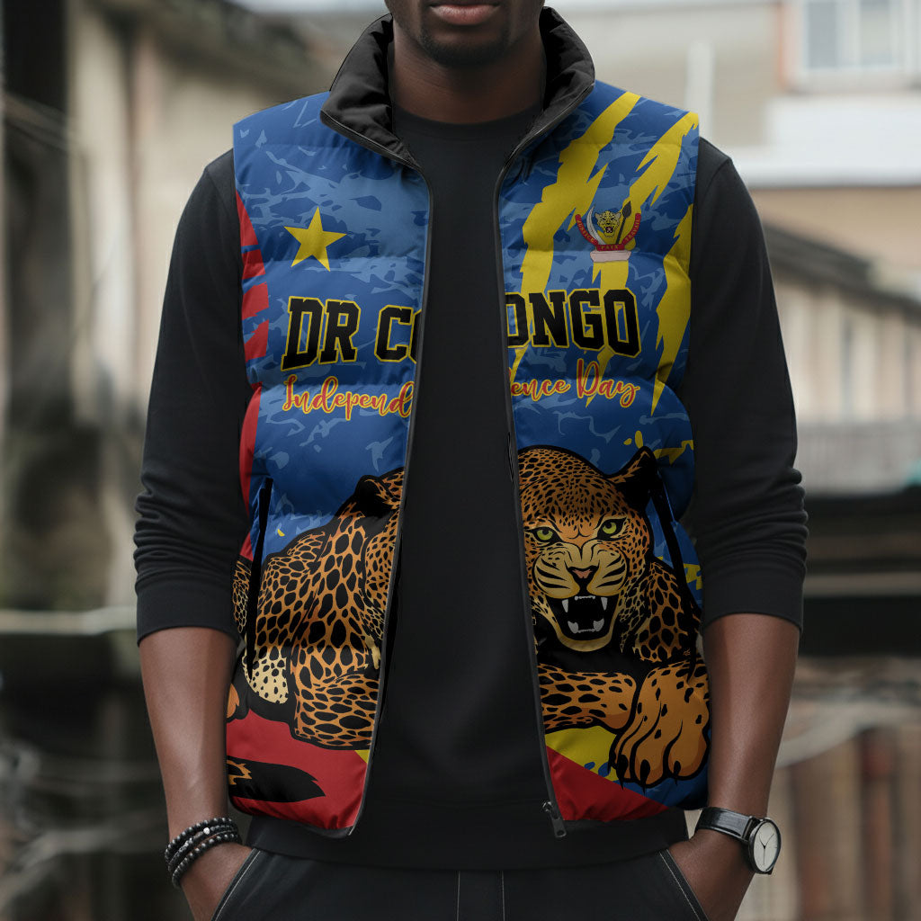 Personalized DR Congo Independence Day Sleeveless Puffer Jacket Congo-Kinshasa Leopard