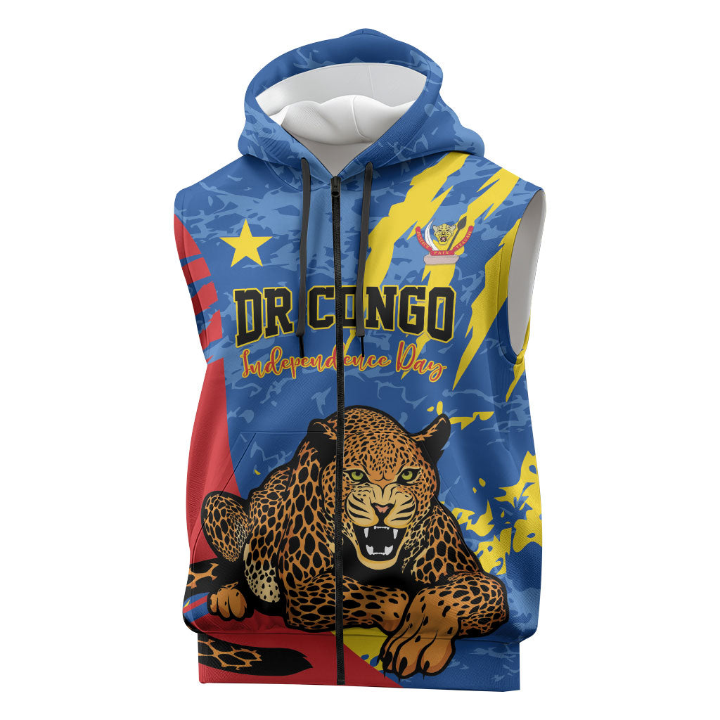 Personalized DR Congo Independence Day Sleeveless Zip Hoodie Congo-Kinshasa Leopard