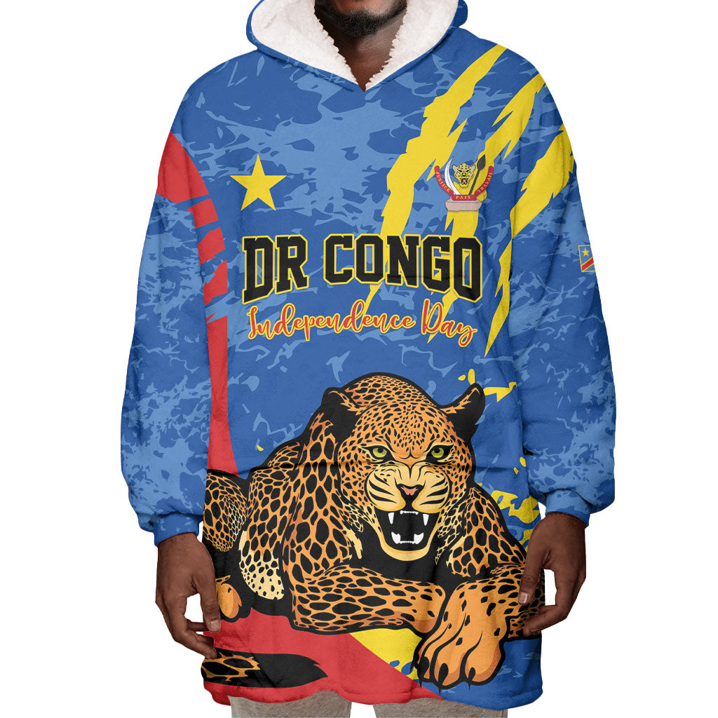 Personalized DR Congo Independence Day Wearable Blanket Hoodie Congo-Kinshasa Leopard
