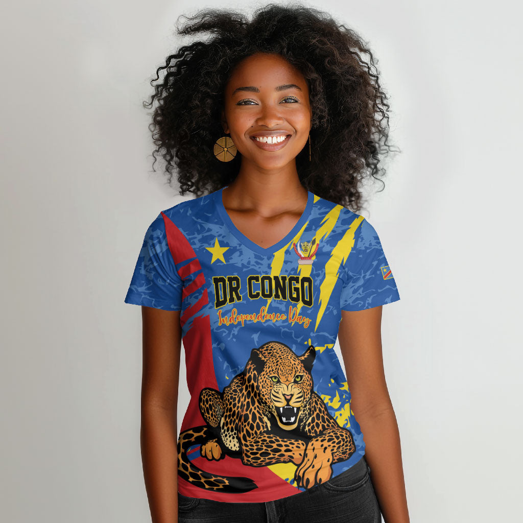 Personalized DR Congo Independence Day Women V-Neck T-Shirt Congo-Kinshasa Leopard
