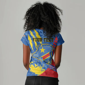 Personalized DR Congo Independence Day Women V-Neck T-Shirt Congo-Kinshasa Leopard