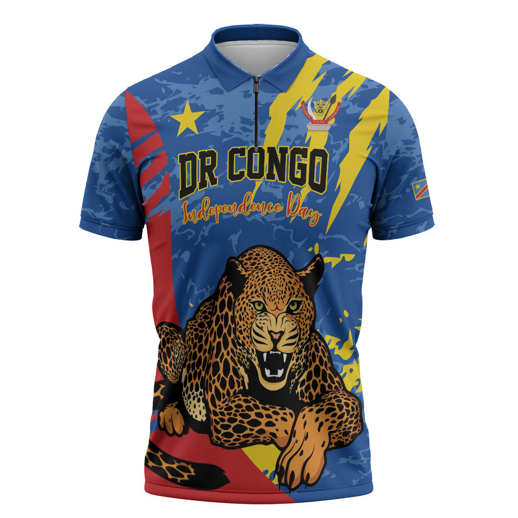 Personalized DR Congo Independence Day Zipper Polo Shirt Congo-Kinshasa Leopard