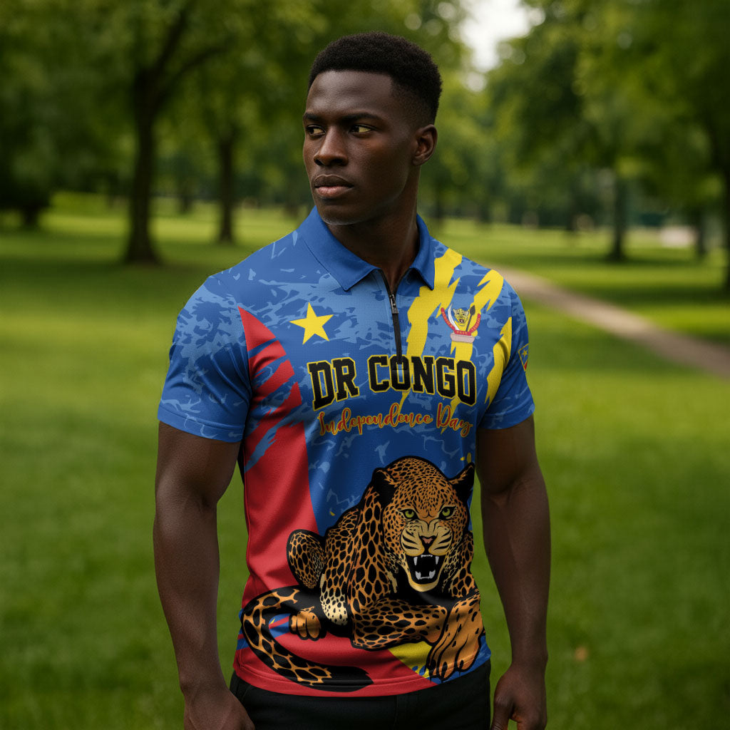 Personalized DR Congo Independence Day Zipper Polo Shirt Congo-Kinshasa Leopard