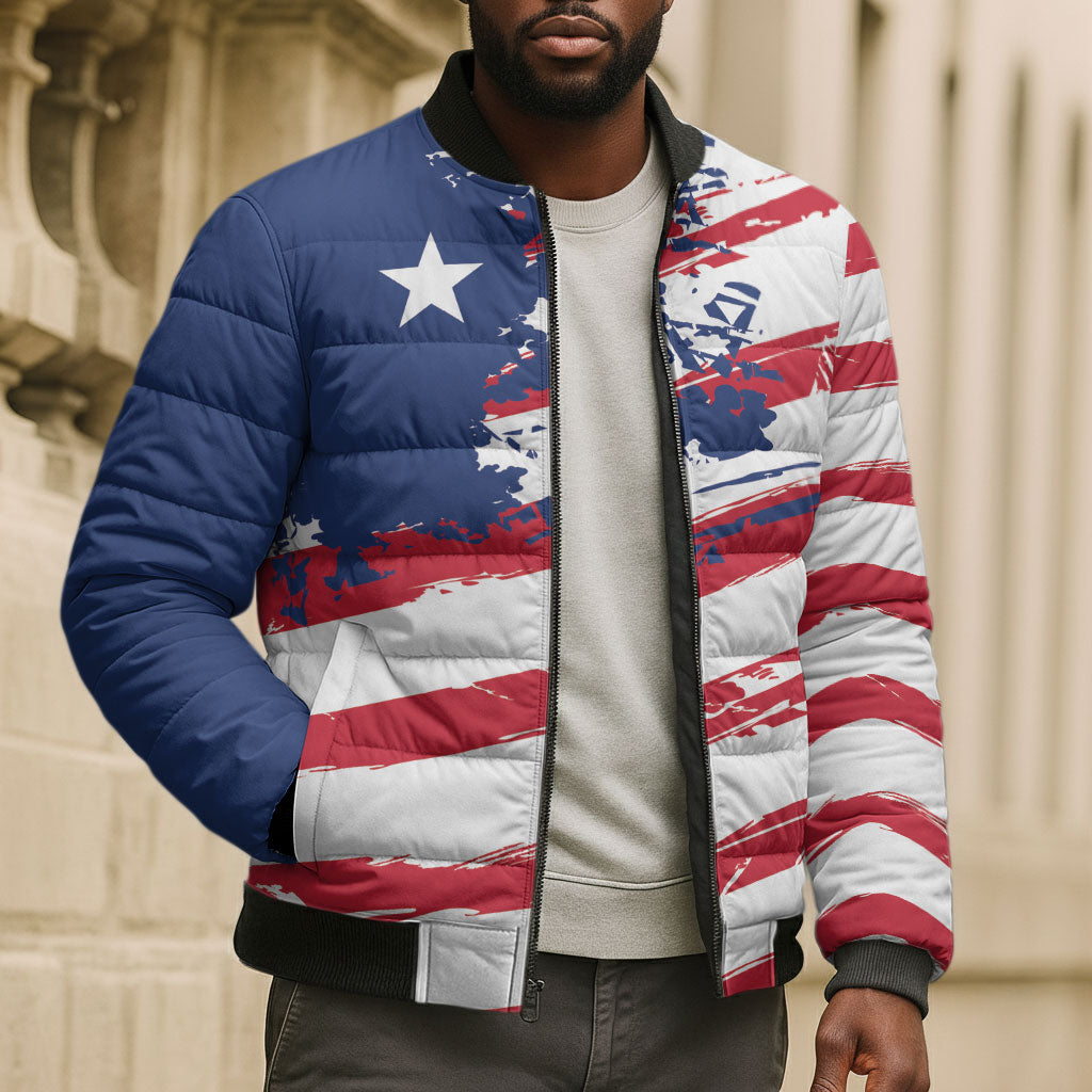 Liberia Flag Bomber Puffer Jacket Grunge Stylized