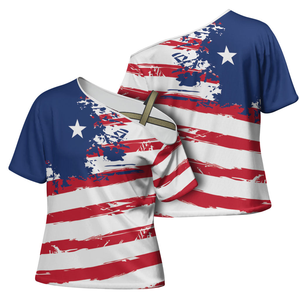 Liberia Flag Cross Shoulder Shirt Grunge Stylized
