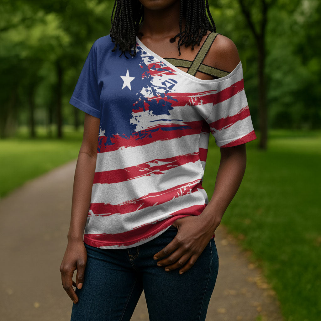 Liberia Flag Cross Shoulder Shirt Grunge Stylized