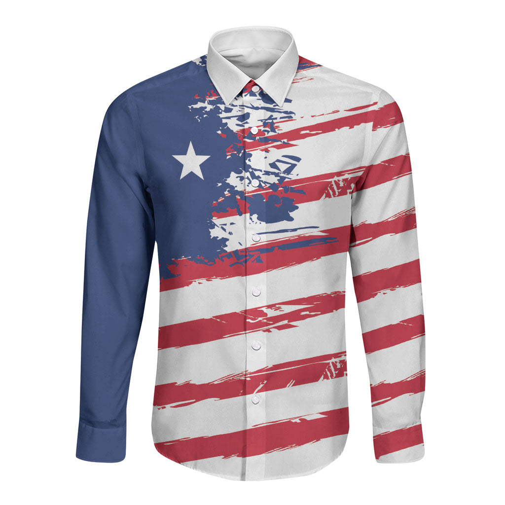 Liberia Flag Long Sleeve Button Shirt Grunge Stylized