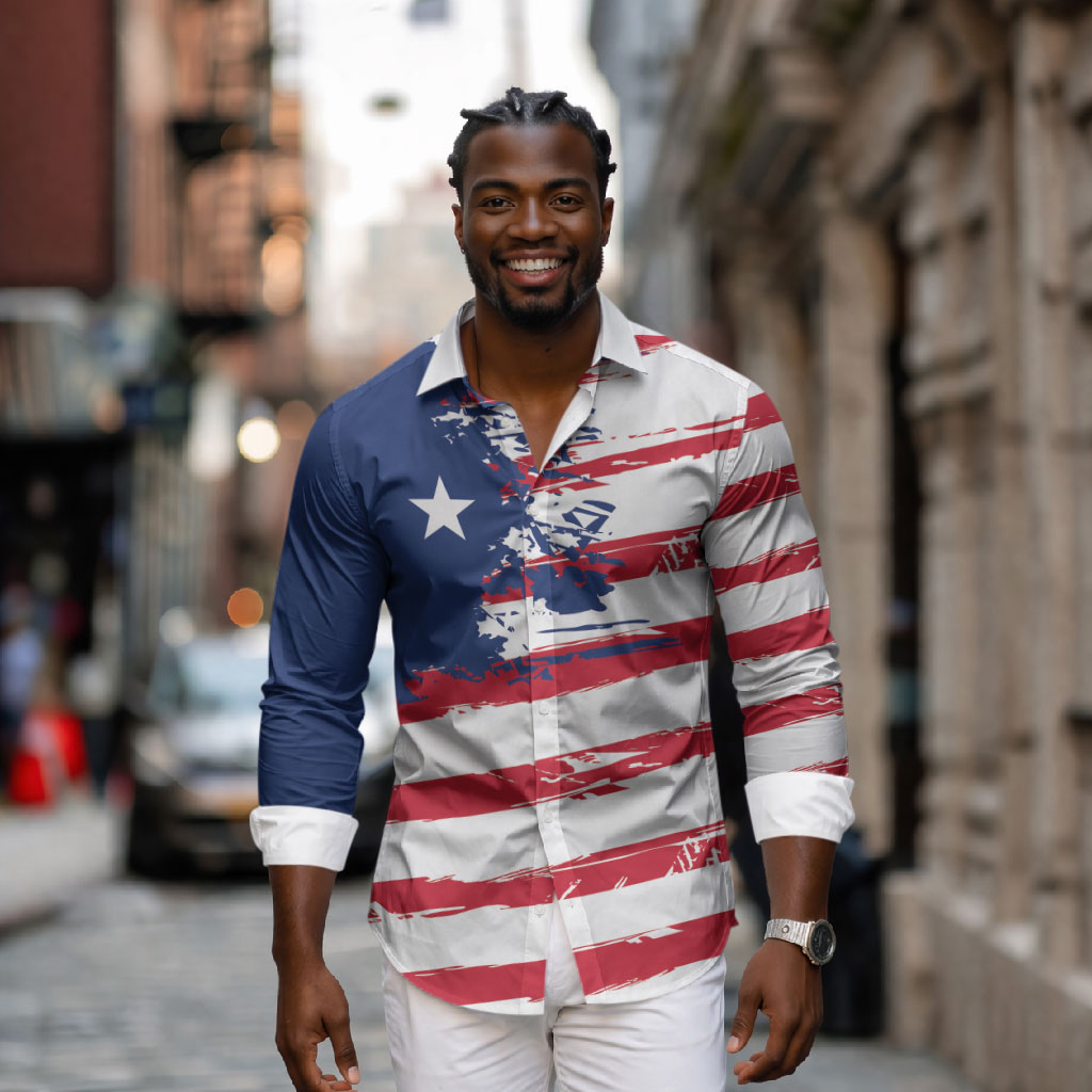 Liberia Flag Long Sleeve Button Shirt Grunge Stylized