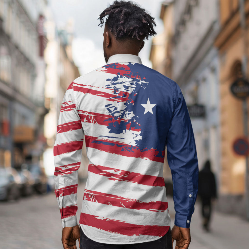 Liberia Flag Long Sleeve Button Shirt Grunge Stylized