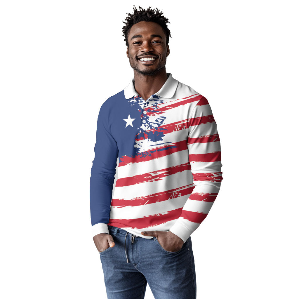 Liberia Flag Long Sleeve Polo Shirt Grunge Stylized